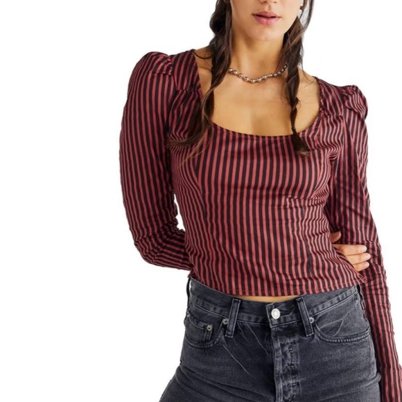 Free People Top Red Black Vintage Stripe Caroline Puff Sleeve Top Size XS - Picture 2 of 15